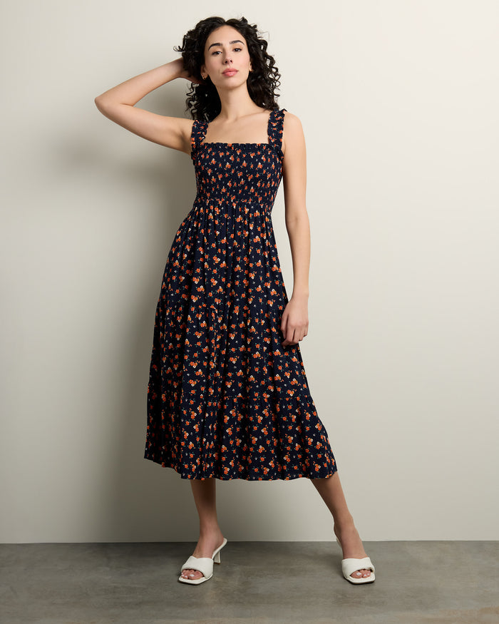 Navy $|& Apricot Watercolor Rose Slub Midi Dress - SOF Front