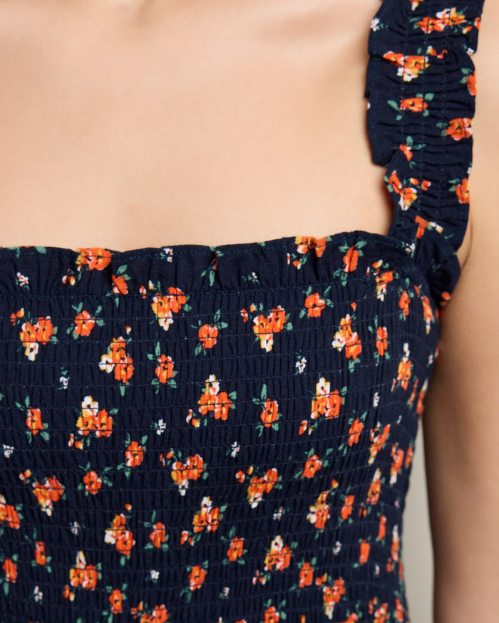 Navy $|& Apricot Watercolor Rose Slub Midi Dress - SOF Full Front
