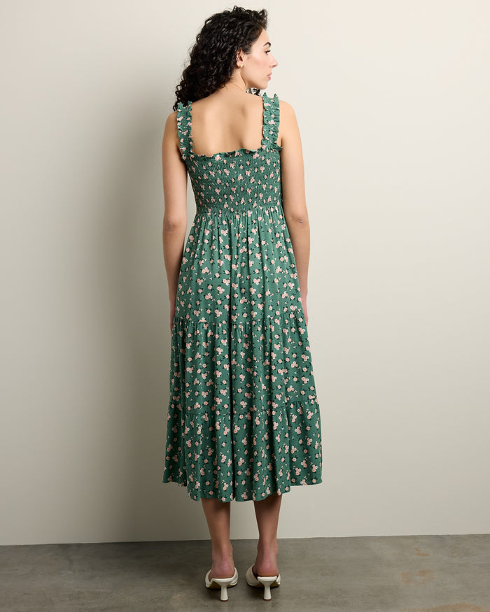Green $|& Apricot Watercolour Rose Slub Midi Dress - SOF Back
