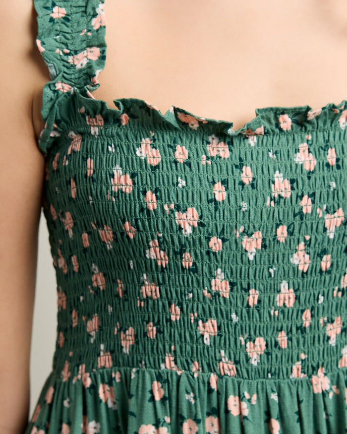 Green $|& Apricot Watercolour Rose Slub Midi Dress - SOF Full Front