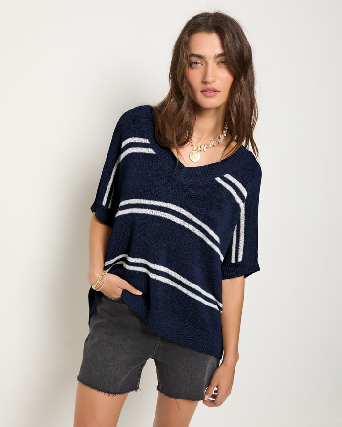 Sapphire Stripe $|& SEAS Wavetide Stripe V-Neck Sweater Tee - SOF Front