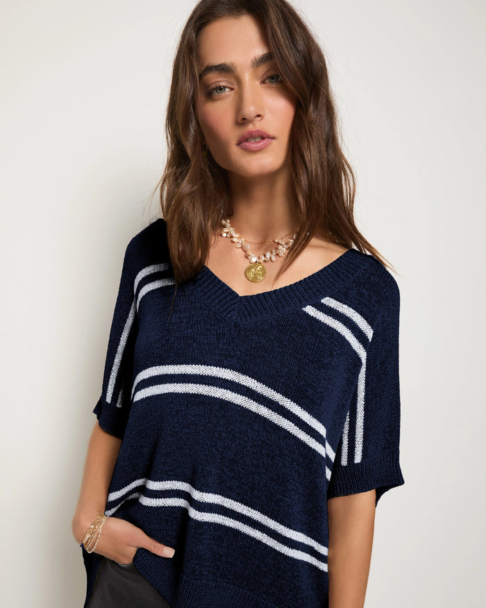 Sapphire Stripe $|& SEAS Wavetide Stripe V-Neck Sweater Tee - SOF Full Front