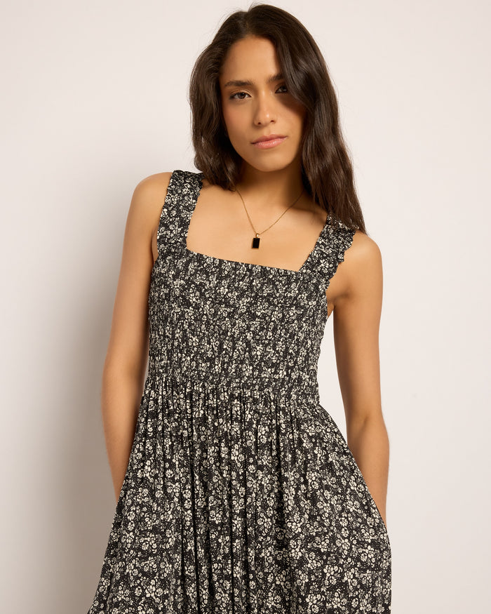 Black Floral $|& SEAS Westbreeze Printed Smocked Maxi Dress - SOF Front