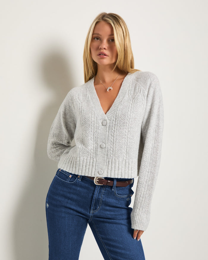 Heather Grey $|& SEAS Whisper Pointelle Cardigan - SOF Front