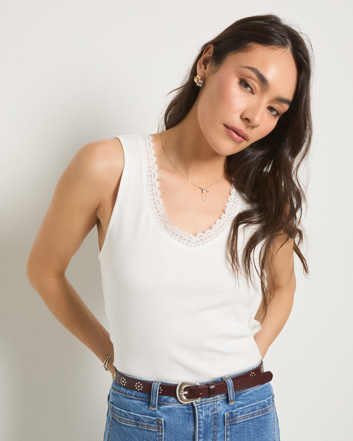 White $|& SEAS Whitecap Lace Trim Tank - SOF Front