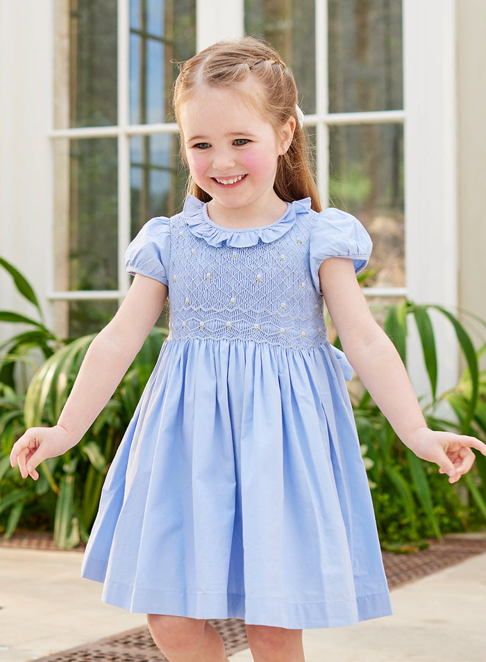 Lily Rose Dress Willow Rose Hand Smocked Dress in Cornflower Blue