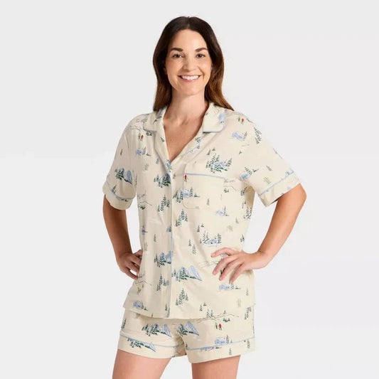 Women's Cloud Knit Modal Notch Collar Short Sleeve Top and Shorts Pajama Set - Auden Cream 'Tis the Skison