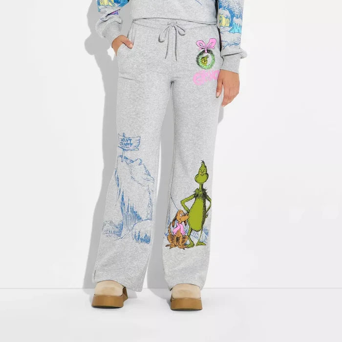 Women's Grinch Wide Leg Graphic Pants - Heather Gray