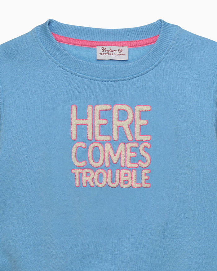 Confiture Sweatshirt Women's Here Comes Trouble Sweatshirt in Blue/Pink