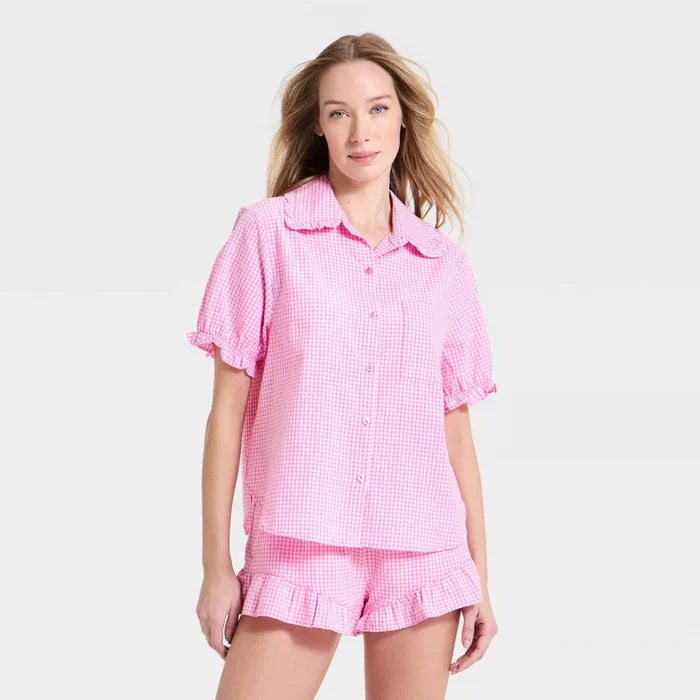Women's Mommy & Me Ruffle Short Sleeve Notch Collar Shirt and Shorts Pajama Set