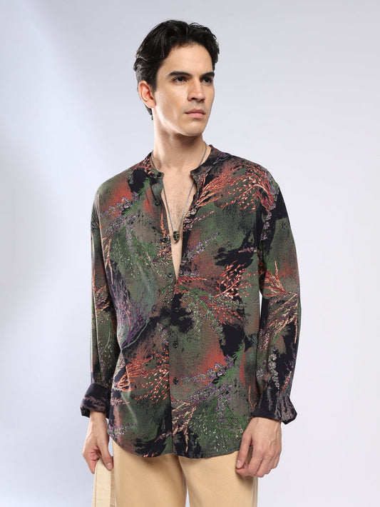 Xisoni - Abstract Printed Mandarin Collar Shirt - Black