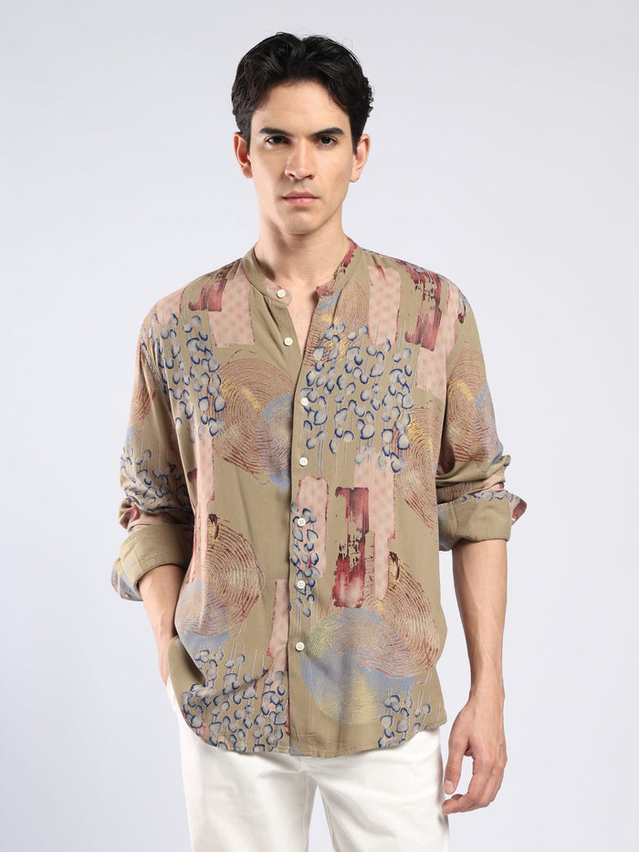 Xisoni - Abstract Printed Mandarin Collar Shirt - Light Olive