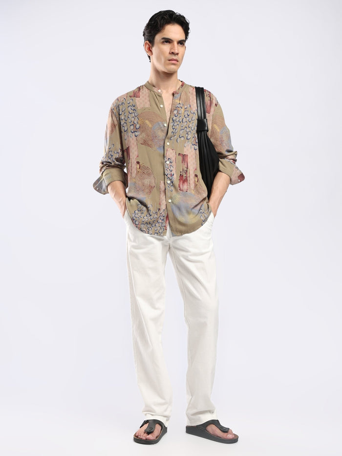 Xisoni - Abstract Printed Mandarin Collar Shirt - Light Olive