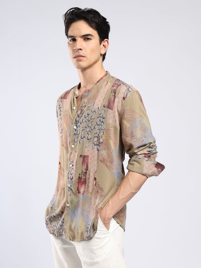 Xisoni - Abstract Printed Mandarin Collar Shirt - Light Olive