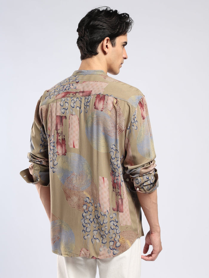Xisoni - Abstract Printed Mandarin Collar Shirt - Light Olive