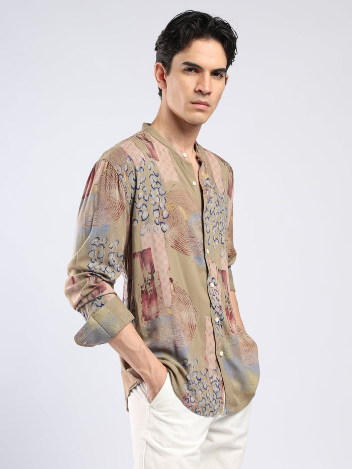 Xisoni - Abstract Printed Mandarin Collar Shirt - Light Olive