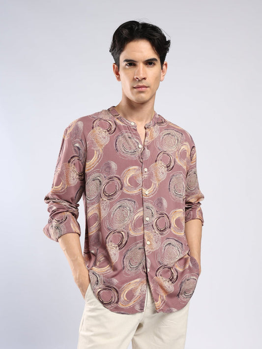 Xisoni - Abstract Printed Mandarin Collar Shirt - Mauve