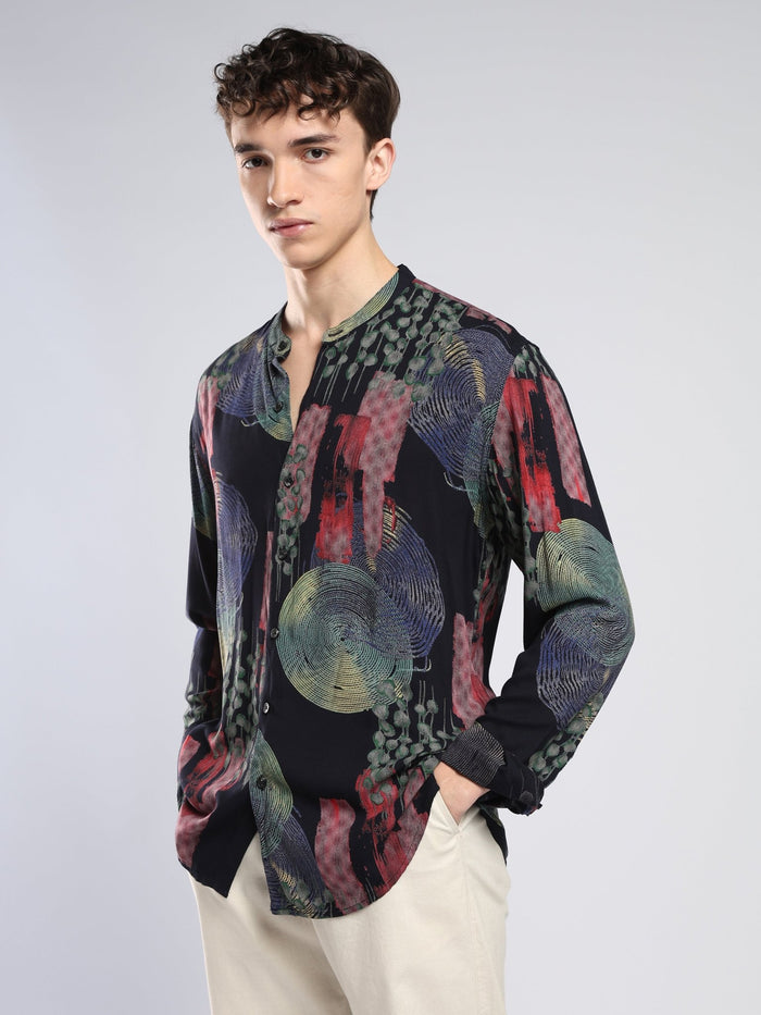 Xisoni - Abstract Printed Mandarin Collar Shirt - Navy Blue