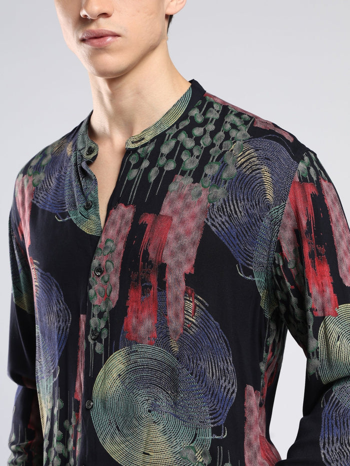 Xisoni - Abstract Printed Mandarin Collar Shirt - Navy Blue