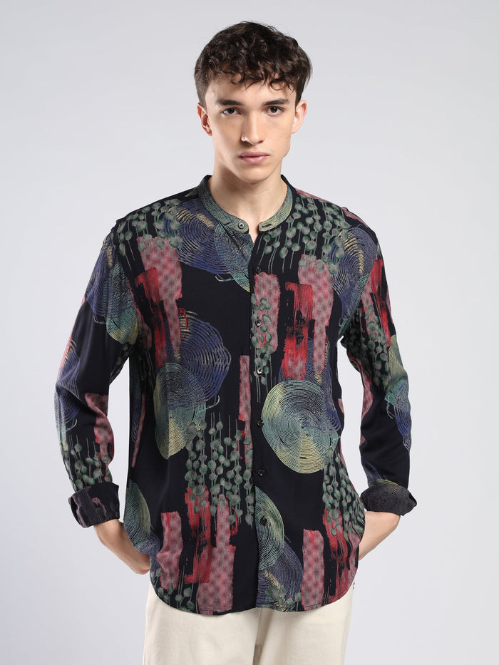 Xisoni - Abstract Printed Mandarin Collar Shirt - Navy Blue
