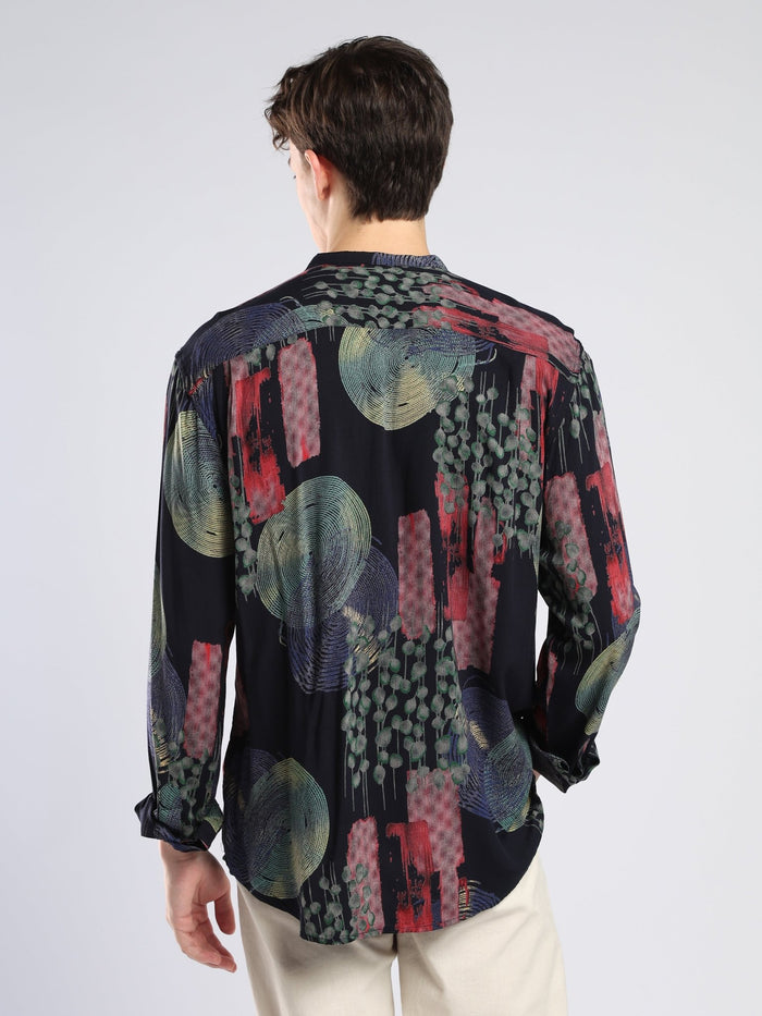 Xisoni - Abstract Printed Mandarin Collar Shirt - Navy Blue