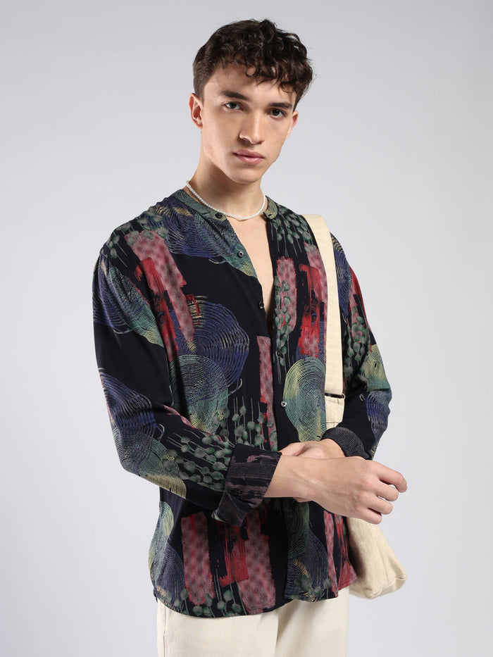 Xisoni - Abstract Printed Mandarin Collar Shirt - Navy Blue