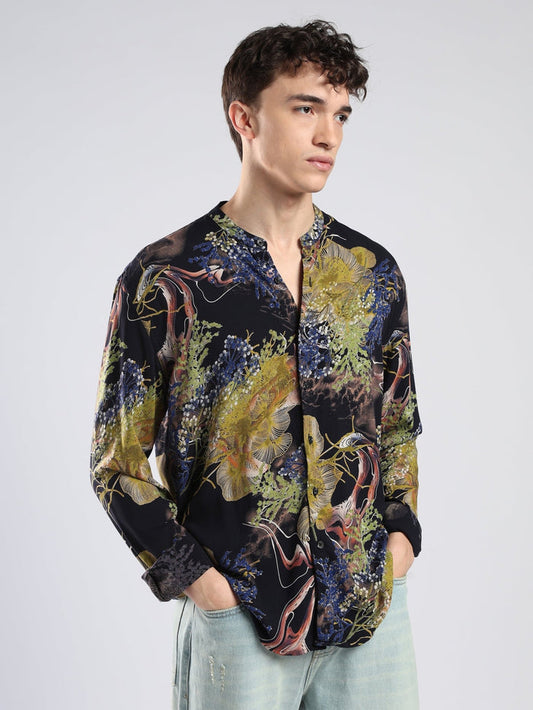 Xisoni - Abstract Printed Mandarin Collar Shirt - Olive Green