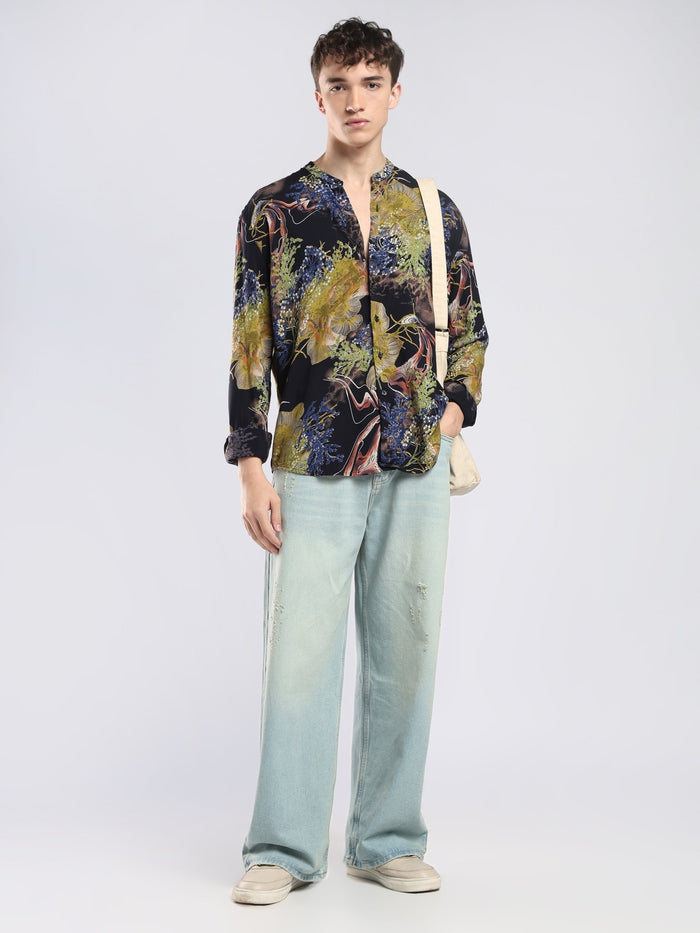 Xisoni - Abstract Printed Mandarin Collar Shirt - Olive Green