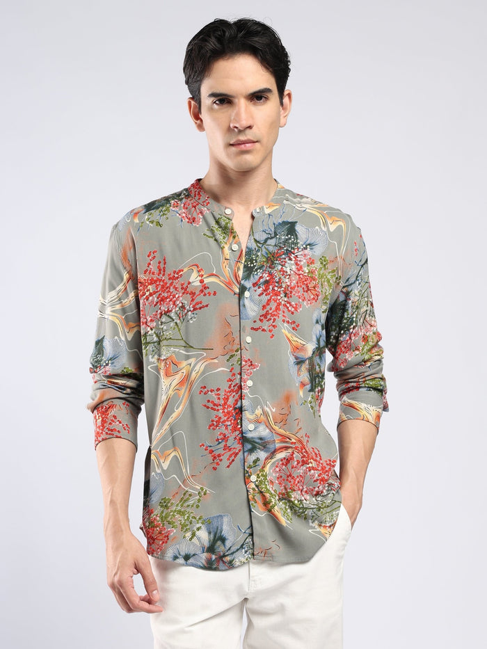 Xisoni - Abstract Printed Mandarin Collar Shirt - Olive Grey