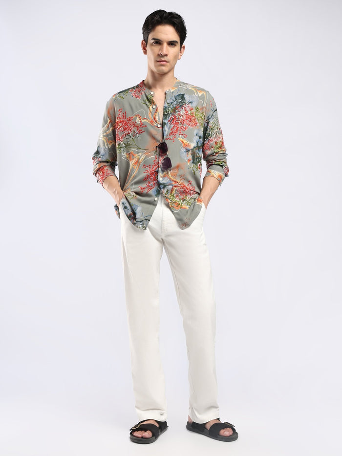 Xisoni - Abstract Printed Mandarin Collar Shirt - Olive Grey