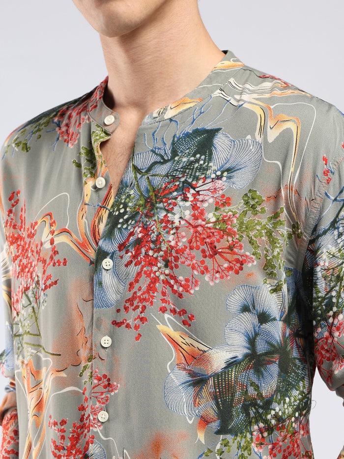 Xisoni - Abstract Printed Mandarin Collar Shirt - Olive Grey