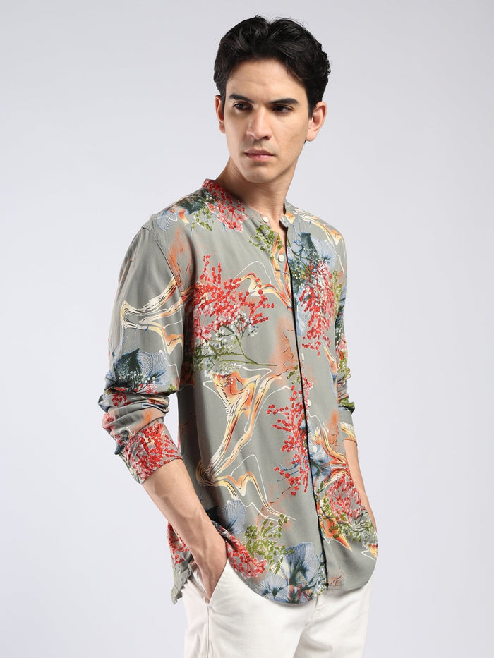 Xisoni - Abstract Printed Mandarin Collar Shirt - Olive Grey