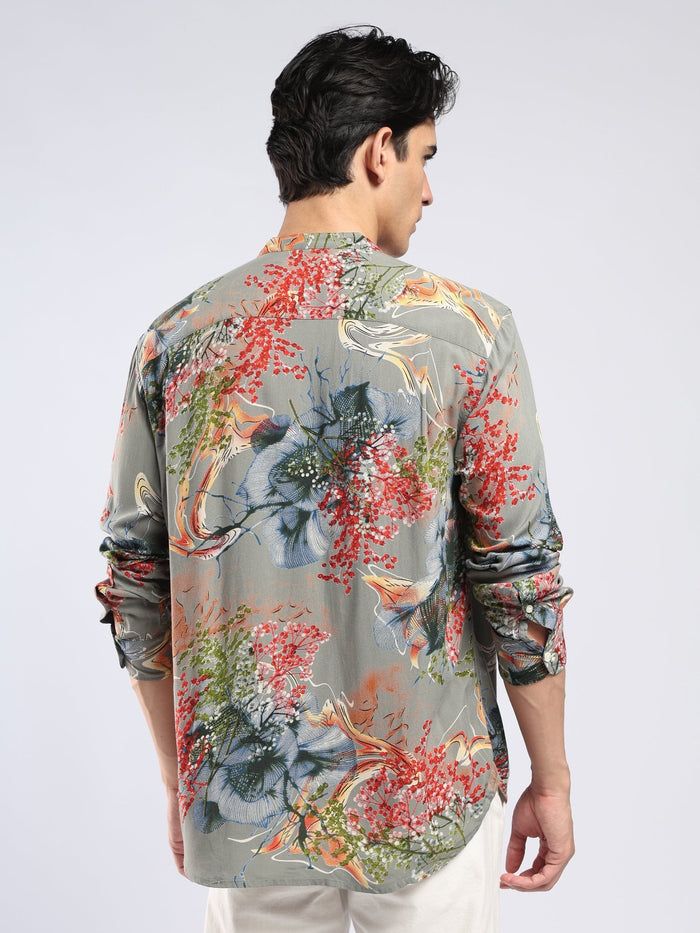 Xisoni - Abstract Printed Mandarin Collar Shirt - Olive Grey
