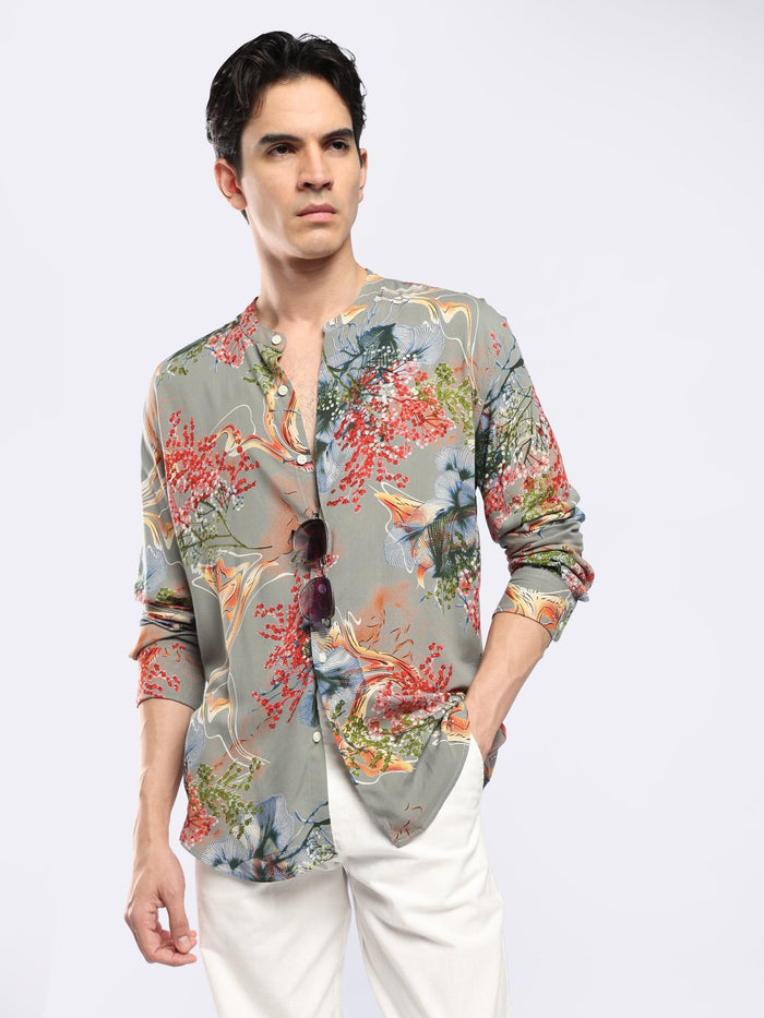 Xisoni - Abstract Printed Mandarin Collar Shirt - Olive Grey