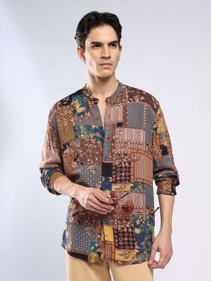 Xisoni - Abstract Printed Mandarin Collar Shirt - Rust Brown