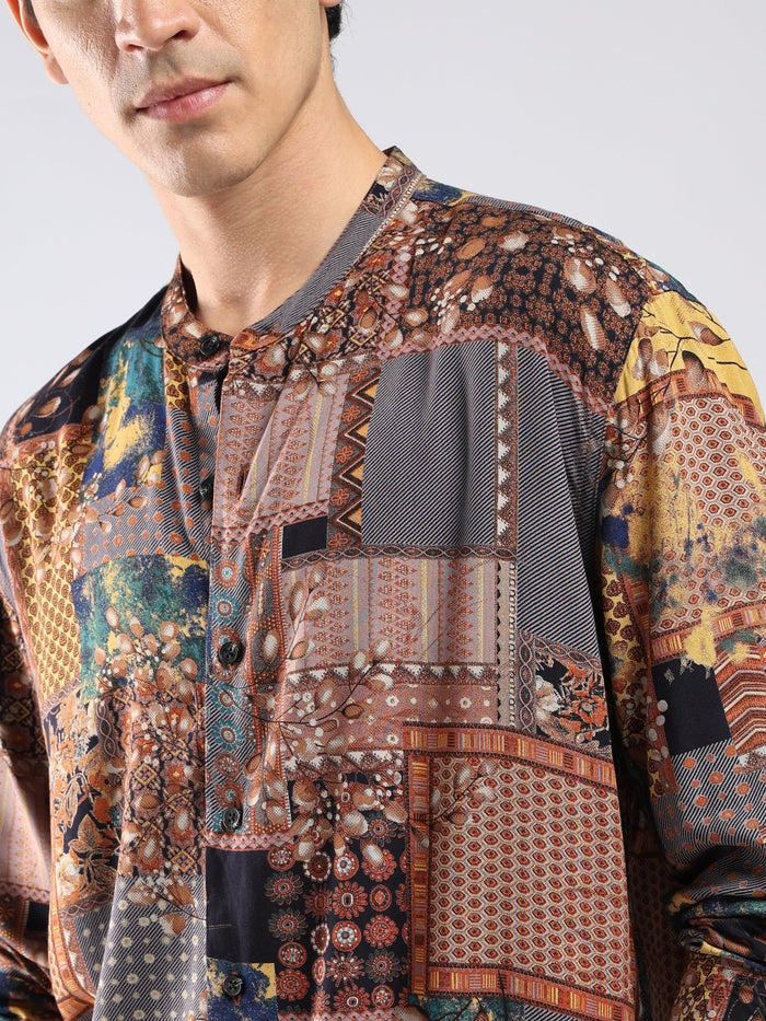 Xisoni - Abstract Printed Mandarin Collar Shirt - Rust Brown