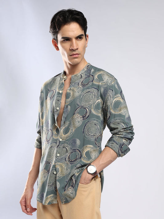 Xisoni - Abstract Printed Mandarin Collar Shirt - Slate Green