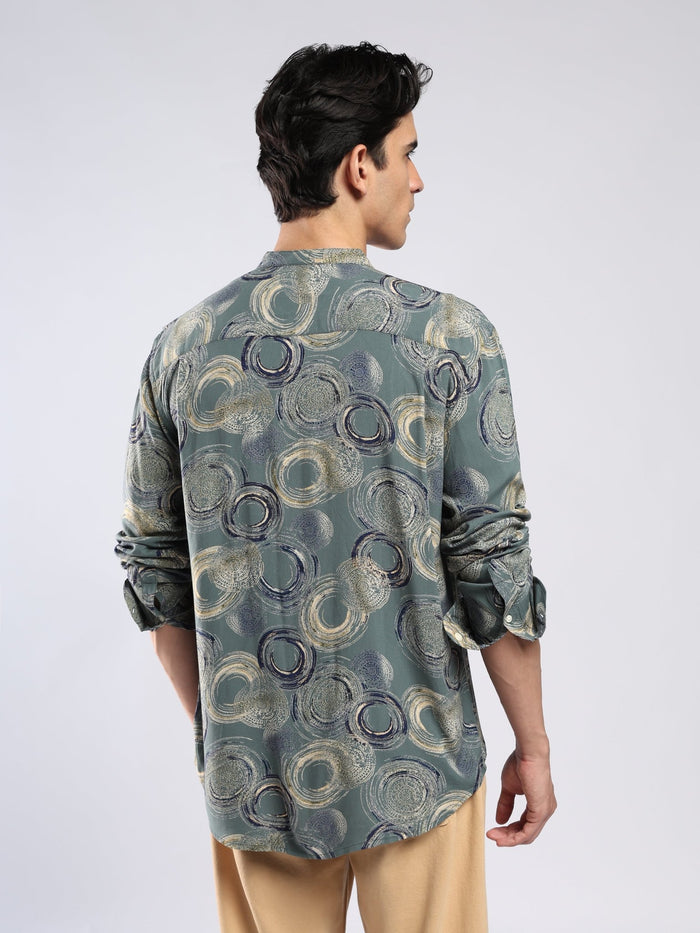 Xisoni - Abstract Printed Mandarin Collar Shirt - Slate Green