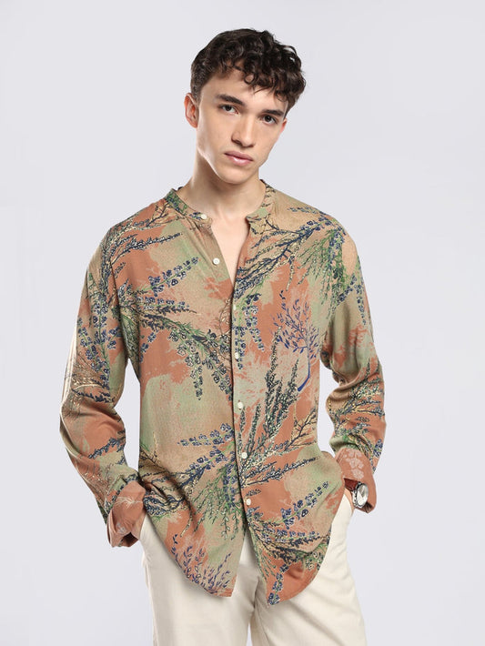 Xisoni - Abstract Printed Mandarin Collar Shirt -Terracotta