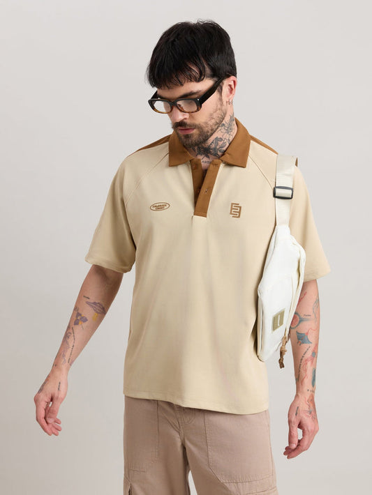Xomis - Relaxed Fit Printed Polo T-Shirt - Beige