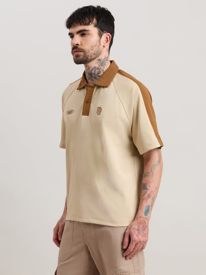 Xomis - Relaxed Fit Printed Polo T-Shirt - Beige