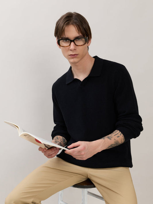 Xosio-1 - Regular Knitted Polo Sweater - Black
