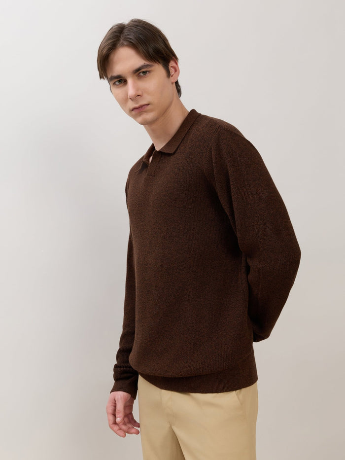 Xosio-1 - Regular Knitted Polo Sweater - Brown Black Grindle