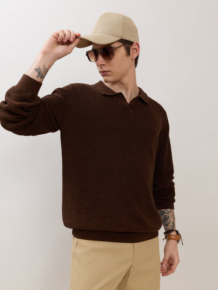Xosio-1 - Regular Knitted Polo Sweater - Brown Black Grindle