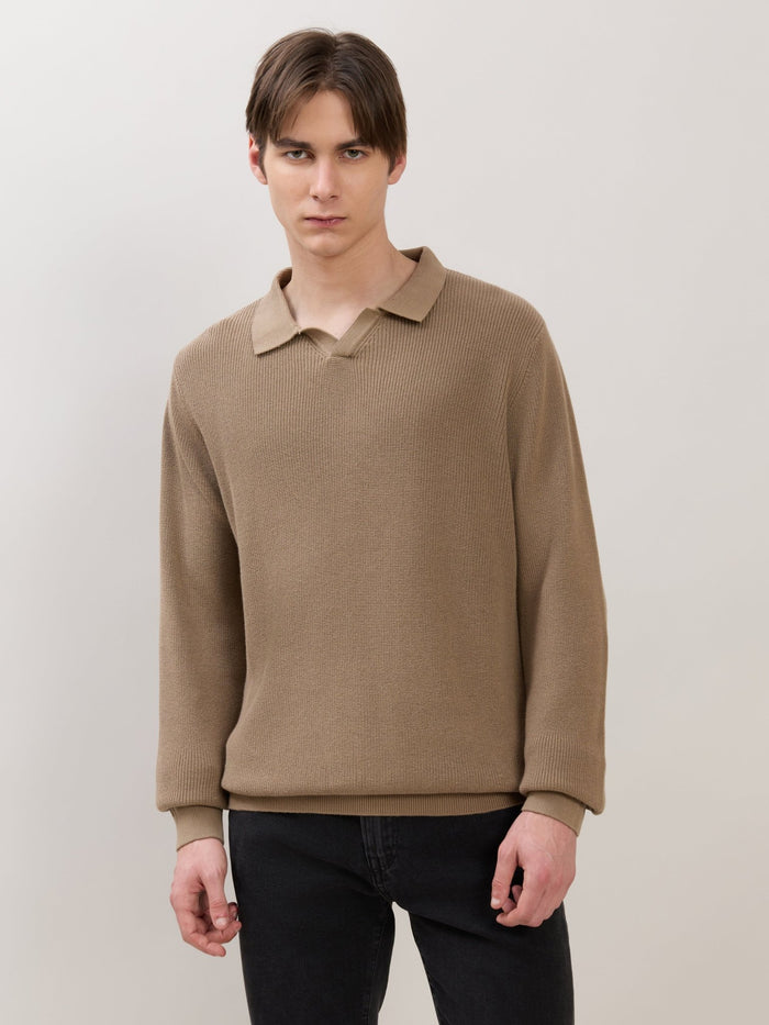 Xosio-1 - Regular Knitted Polo Sweater - Dark Beige