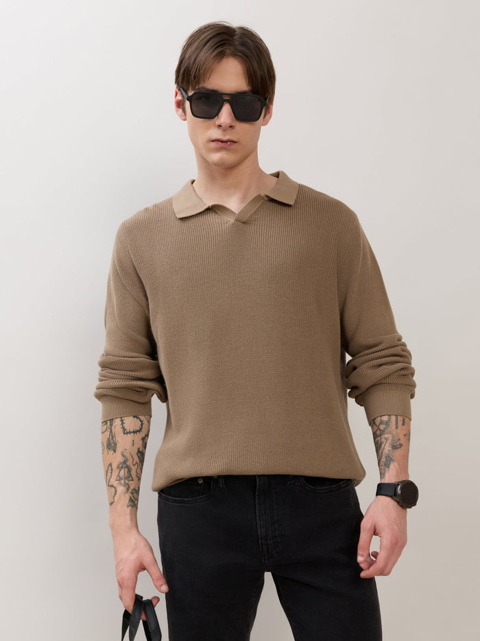 Xosio-1 - Regular Knitted Polo Sweater - Dark Beige