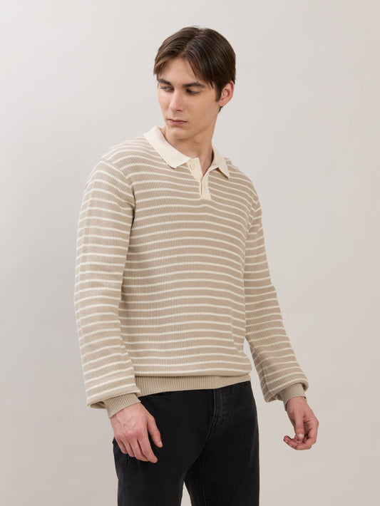Xosio-2 - Regular Striped Knit Polo Sweater - Beige