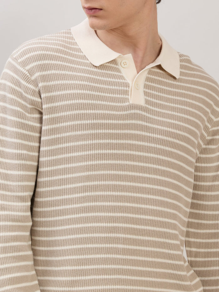Xosio-2 - Regular Striped Knit Polo Sweater - Beige
