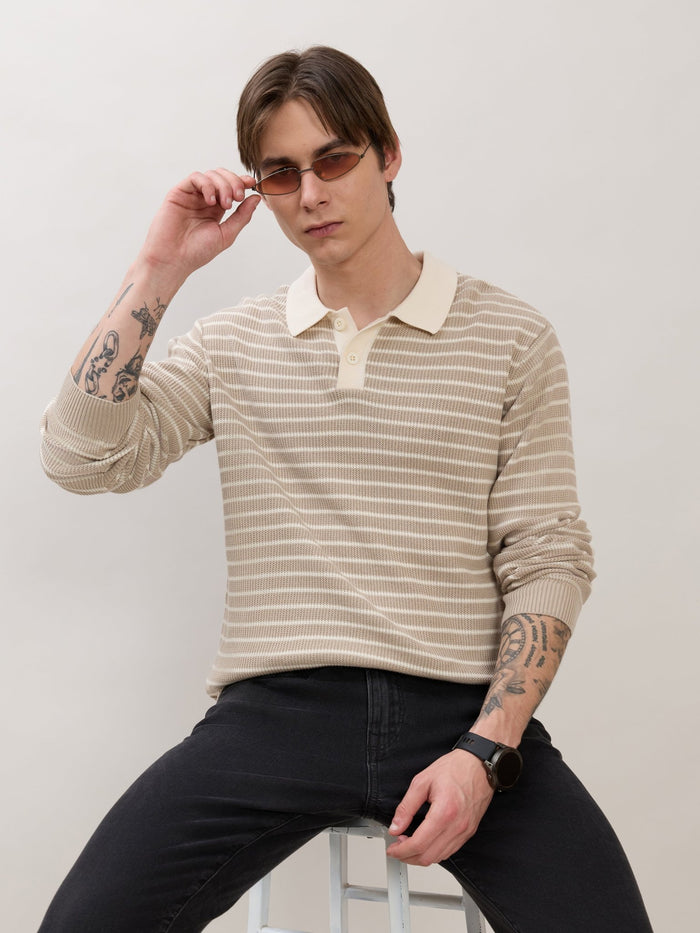 Xosio-2 - Regular Striped Knit Polo Sweater - Beige