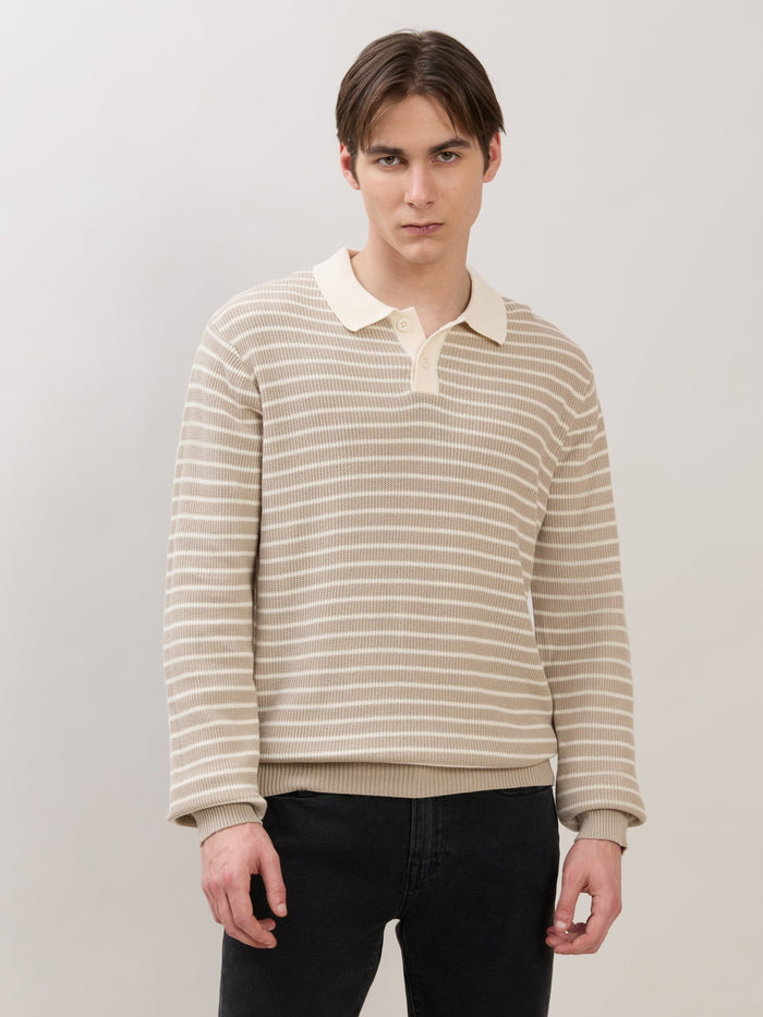 Xosio-2 - Regular Striped Knit Polo Sweater - Beige